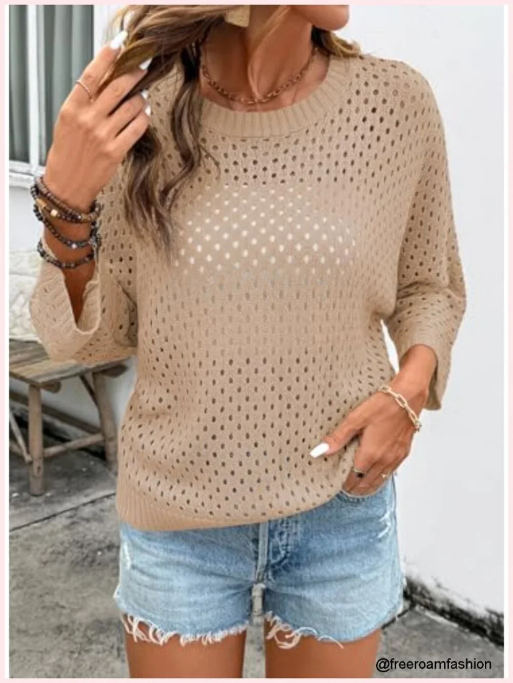 Crochet Crew Neck 3/4 Sleeve Pullover Sweater